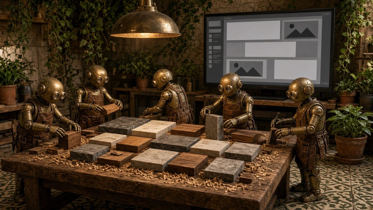 Robots artesanos de latón construyen una web con bloques de madera y piedra en un taller de Barcelona con suelo de panot