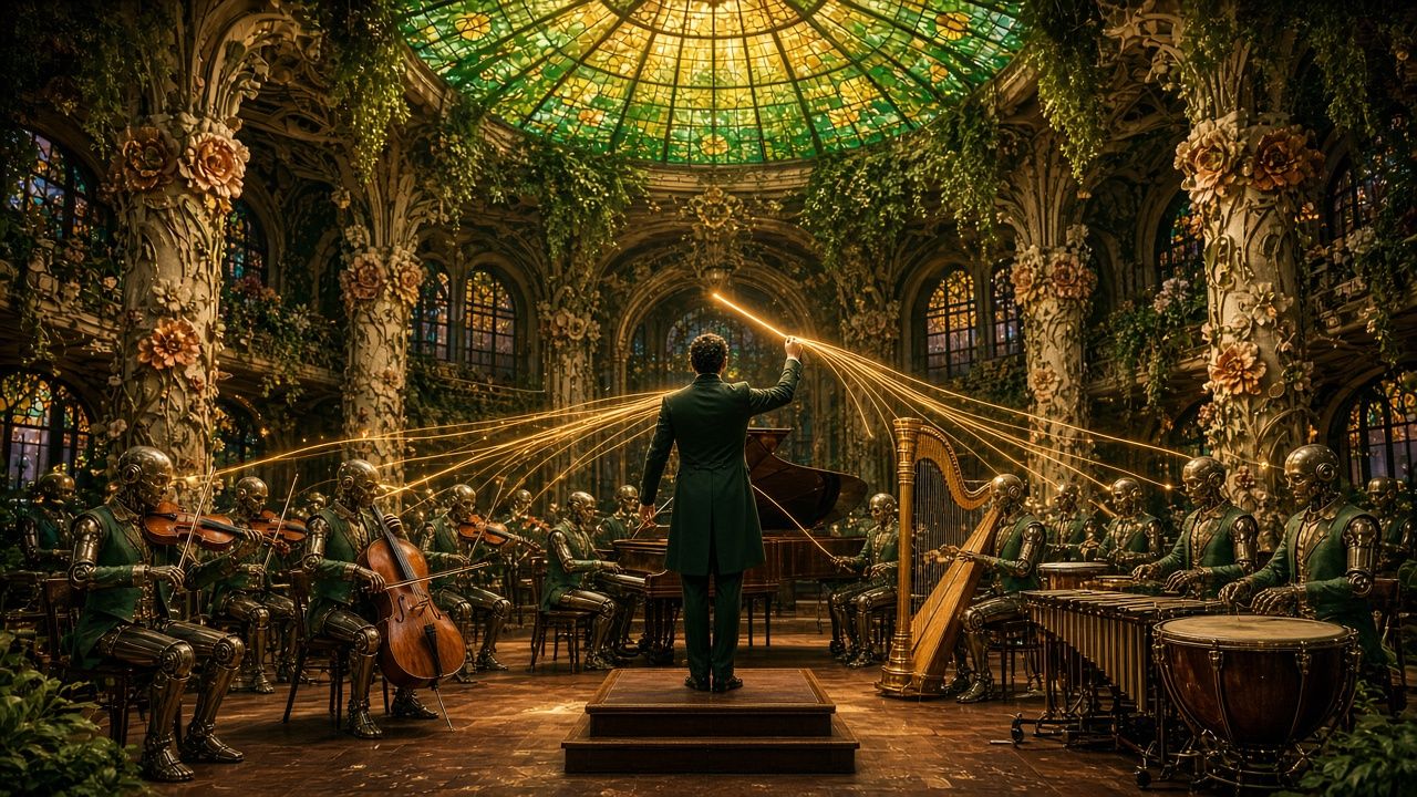 Ilustración de una orquesta de robots de cristal que tocan instrumentos hechos de herramientas, dirigidos por una batuta luminosa