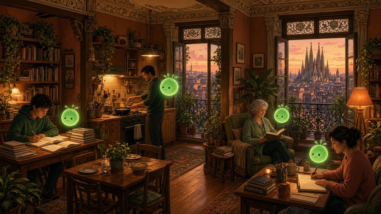 Ilustración de un piso de Barcelona de noche en el que cada persona tiene su propia esfera de luz que la asiste