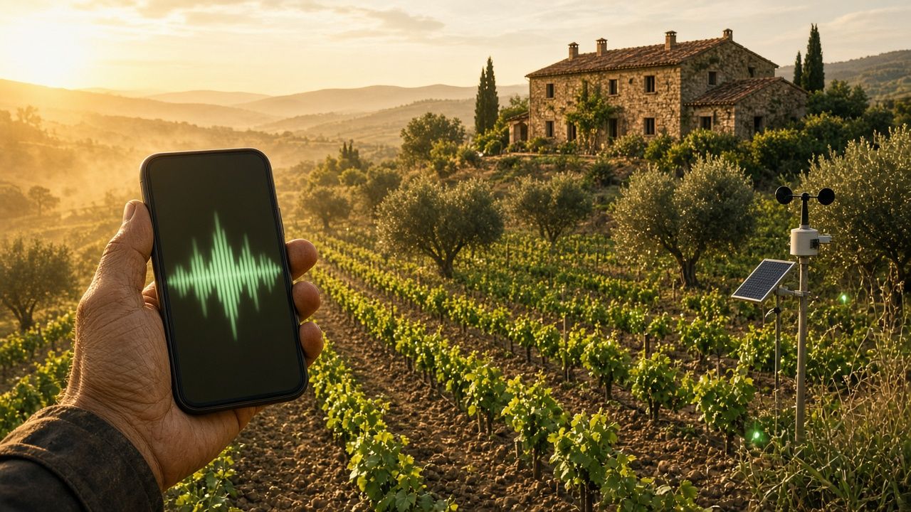 Ilustración de una viña del Penedès al anochecer con una masía, una estación meteorológica y un móvil grabando una nota de voz