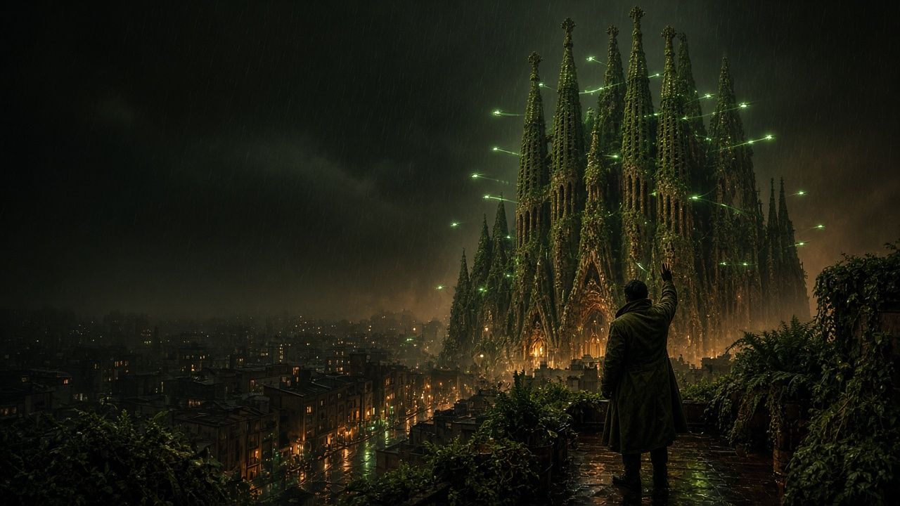 La Sagrada Família de Barcelona cubierta de vegetación bajo la lluvia, al estilo Blade Runner, con una figura que dirige un enjambre de drones de luz verde desde una azotea