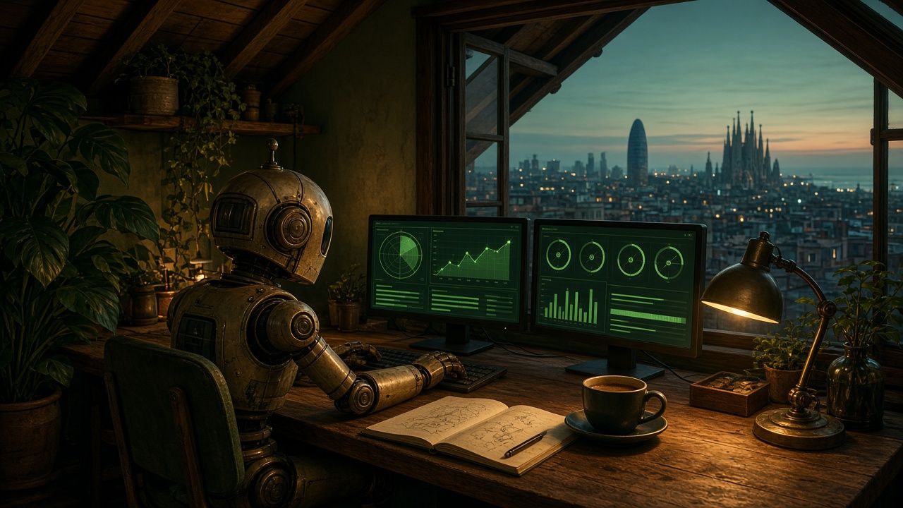 Ilustración de un robot que construye de noche un panel holográfico con gráficas