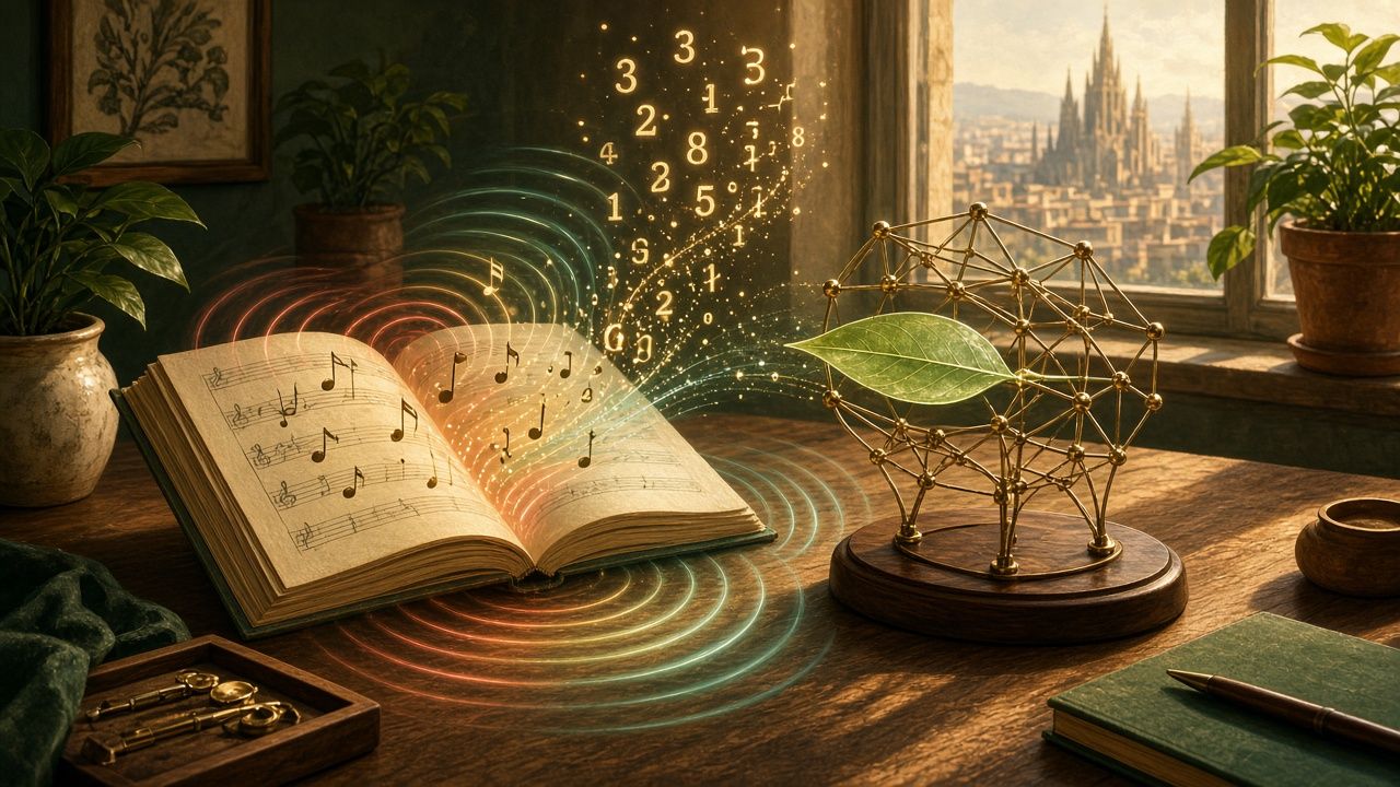 Un libro de partituras sobre una mesa de madera en Barcelona del que salen notas que se convierten en números, junto a una red neuronal de latón con una hoja verde que representa un adaptador LoRA